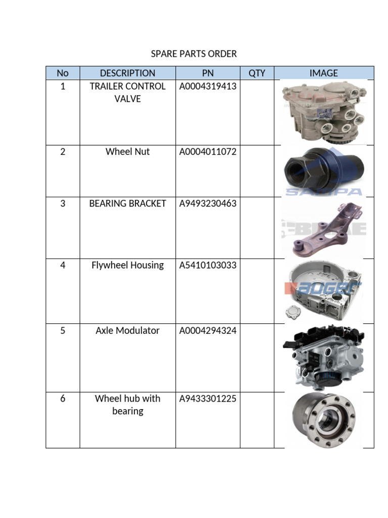 Spare Parts Order List for Trailers | PDF