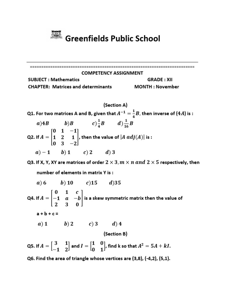 Grade XII Mathematics: Matrices Assignment | PDF | Mathematical ...