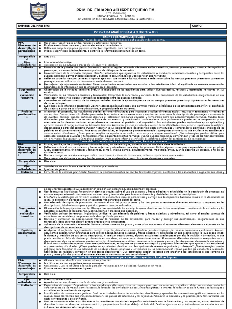 4 Programa Analitico Cuarto Grado Fase 4 | PDF | Narración | Inferencia