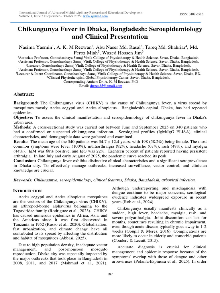 Chikungunya Fever in Dhaka, Bangladesh: Seroepidemiology and Clinical ...
