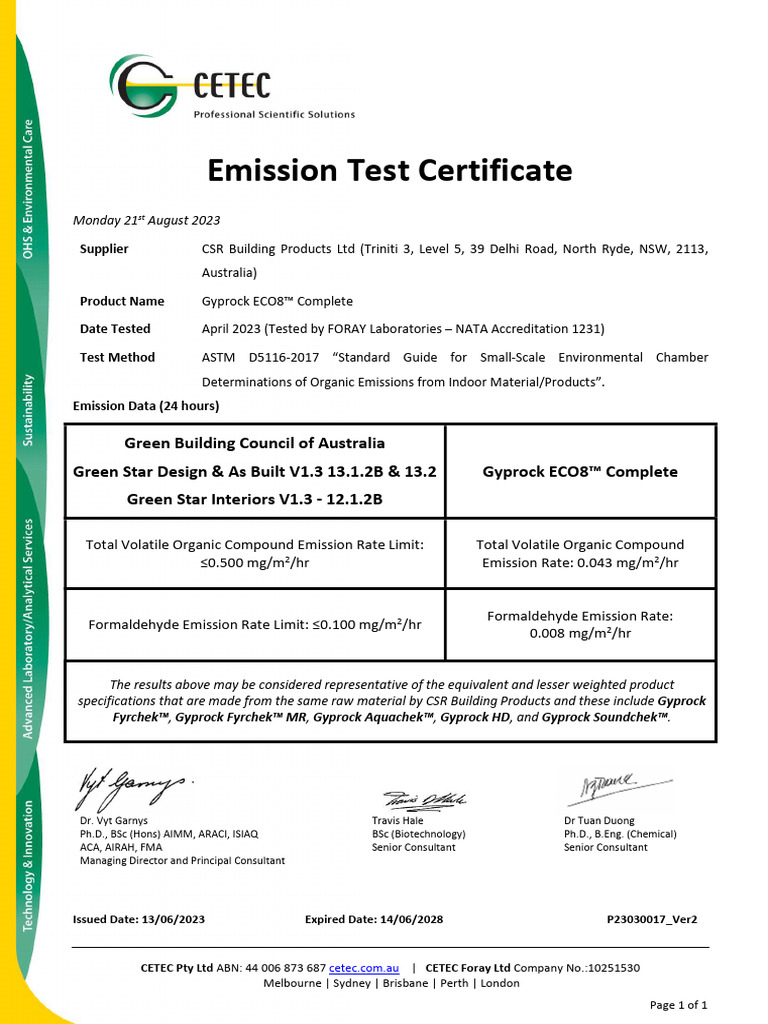 Gyprock ECO8 Emission Test Certificate | PDF