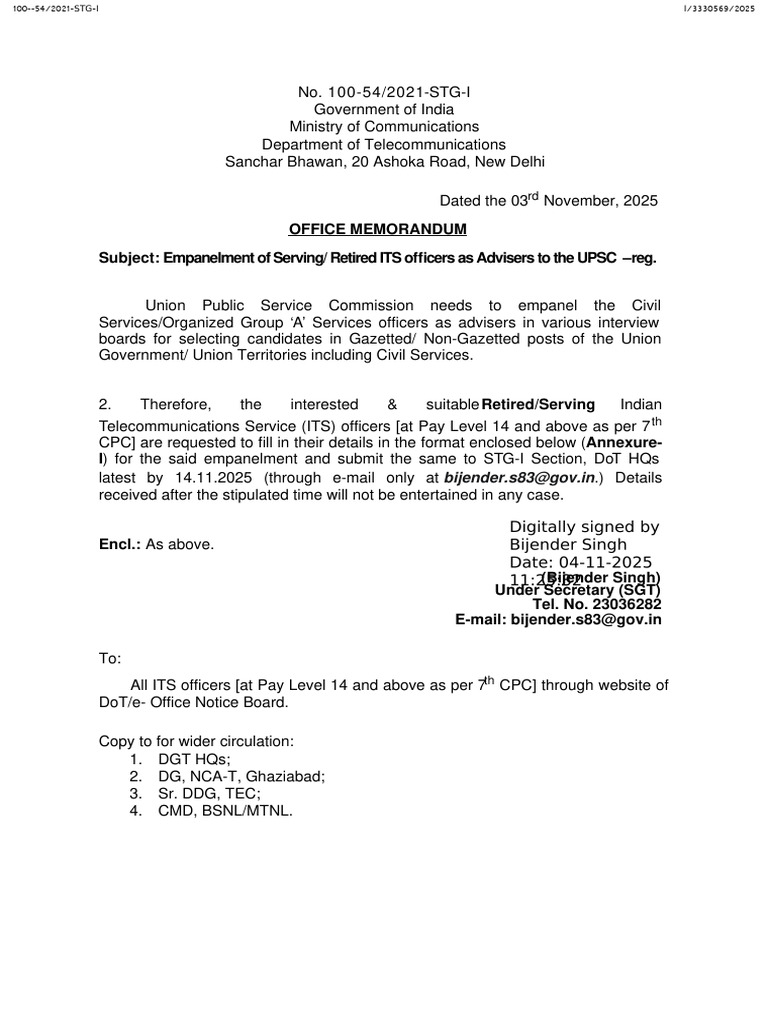 Empanelment of ITS Officers as UPSC Advisers | PDF | Government Of ...