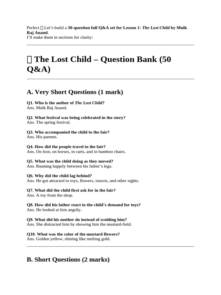 The Lost Child - Question Bank (50 Q&A) : A. Very Short Questions (1 ...
