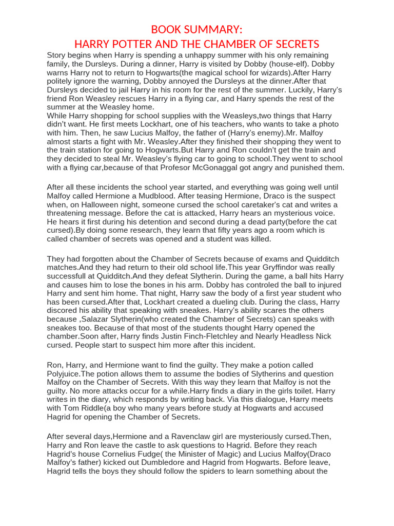 Harry Potter: Chamber of Secrets Summary | PDF | J. K. Rowling | Harry ...