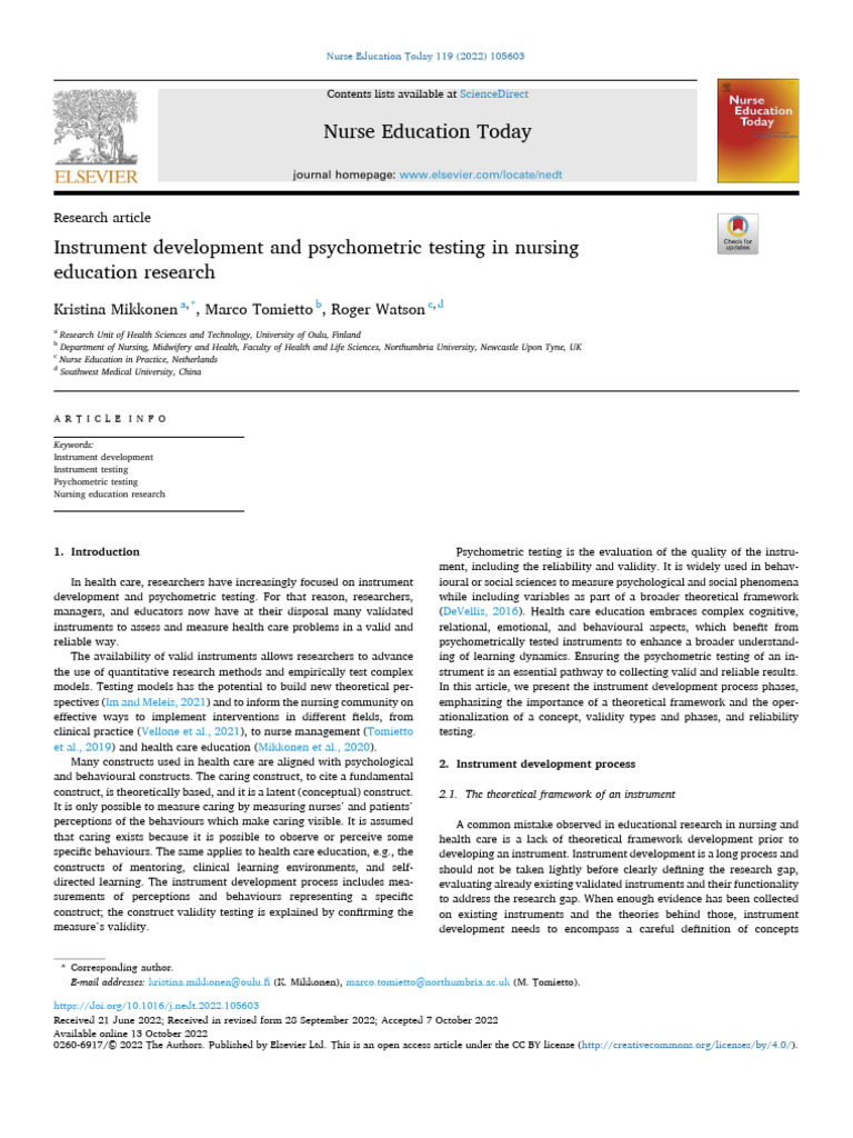 Instrument Development and Psychometric Testing in Nursing | PDF ...