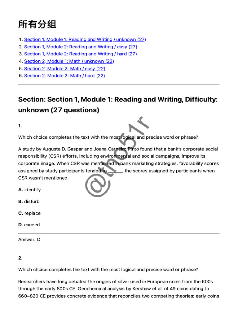 Section: Section 1, Module 1: Reading and Writing, Difficulty: Unknown ...