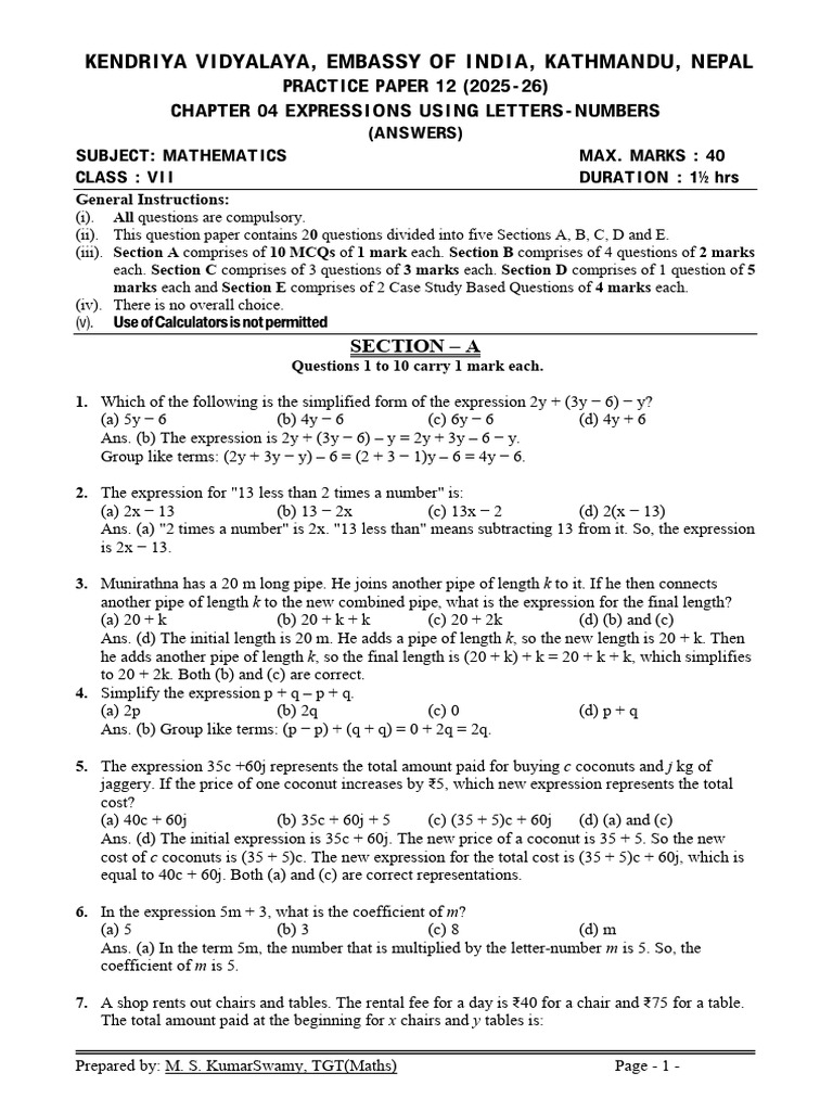 Class VII Maths Expressions Practice Paper | PDF | Mathematics | Algebra