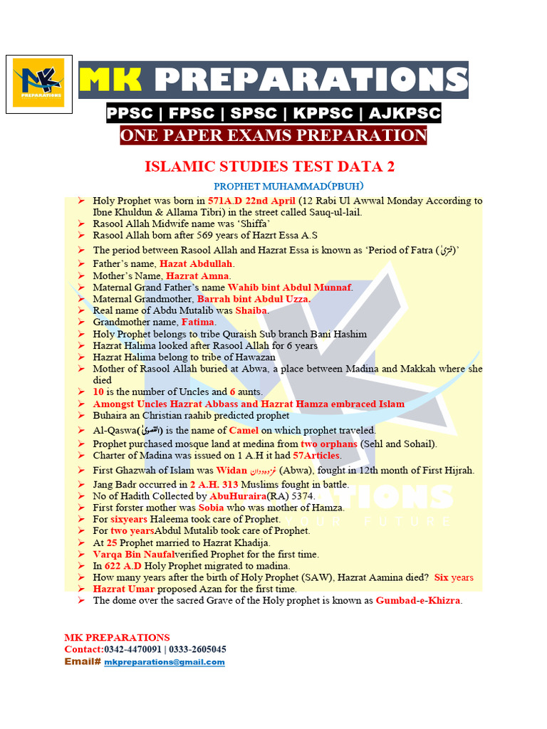 Islamic Studies Exam Prep Guide | PDF | Umar | Muhammad