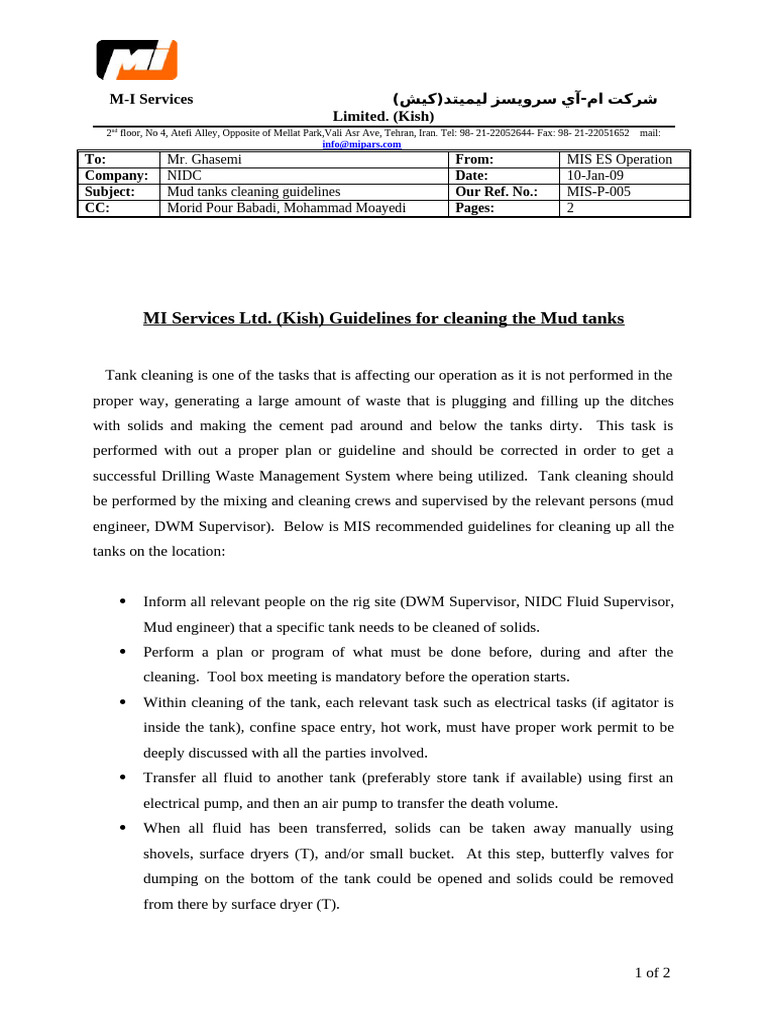 Mud Tank Cleaning Guidelines for NIDC | PDF | Washing Machine