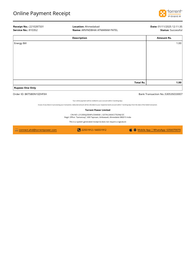 Online Payment Receipt for Energy Bill | PDF