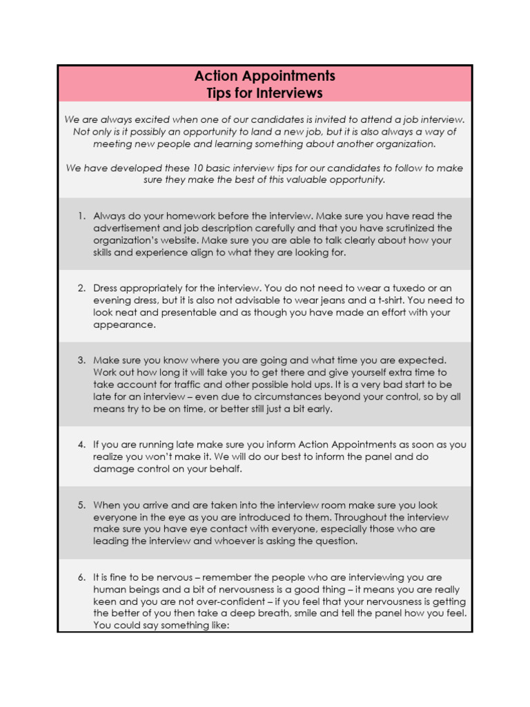 Action Appointments Tips For Interviews | PDF