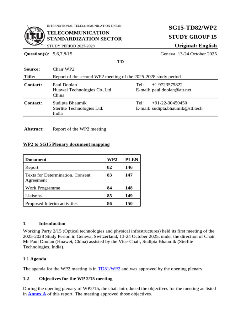 WP2 Meeting Report: ITU Study Period 2025-2028 | PDF | Fiber Optic ...