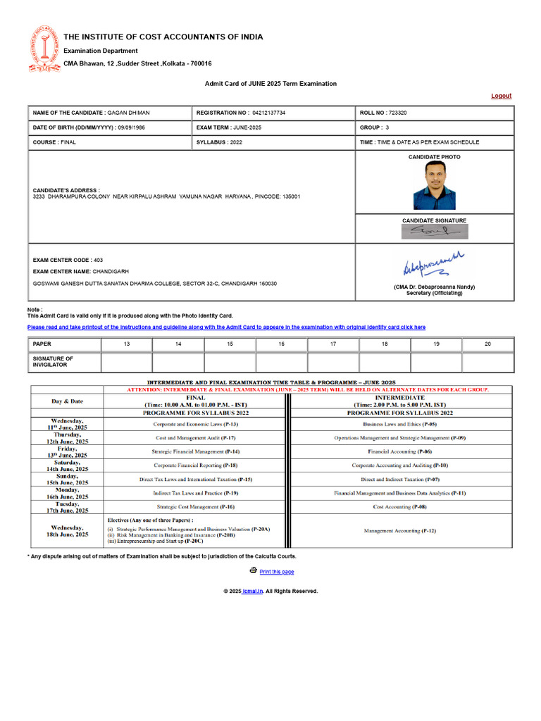 CMA June 2025 Exam Admit Card | PDF | Government And Personhood ...