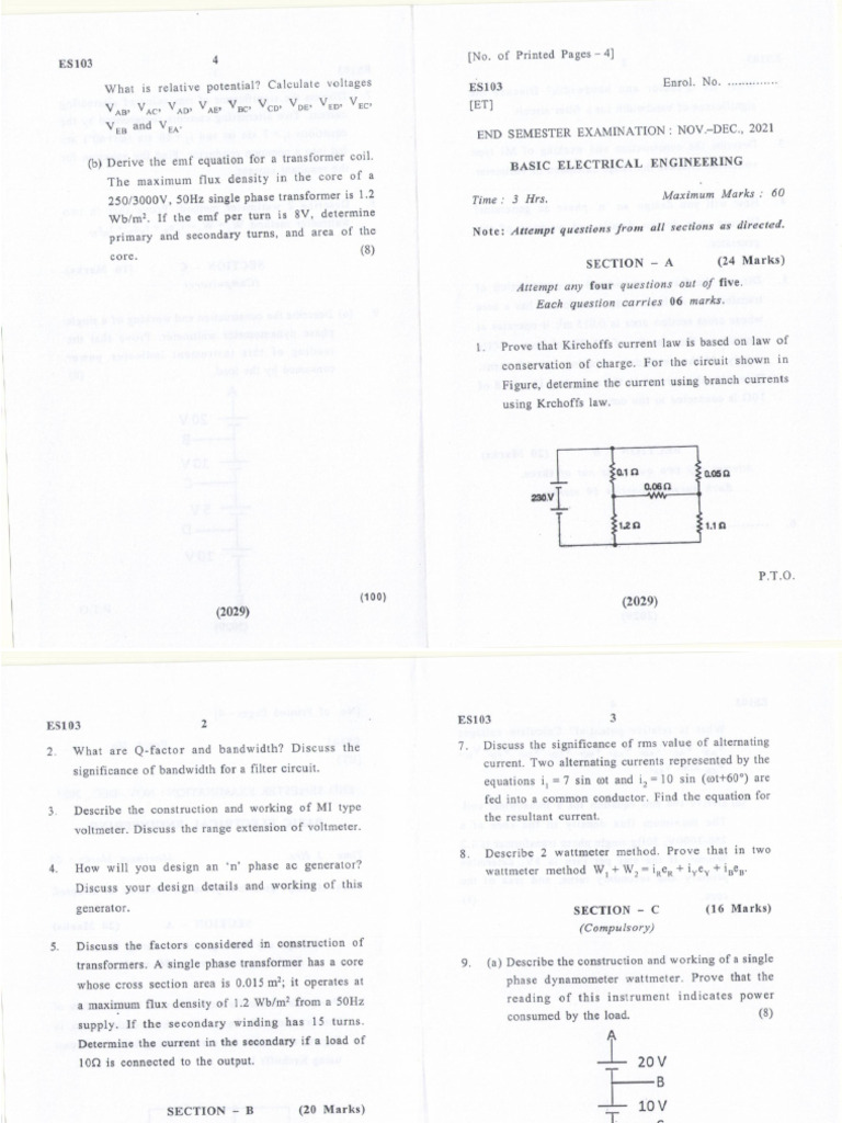 Basic Electrical Engineering, ES103 (ET), Nov.-Dec. 2021 | PDF