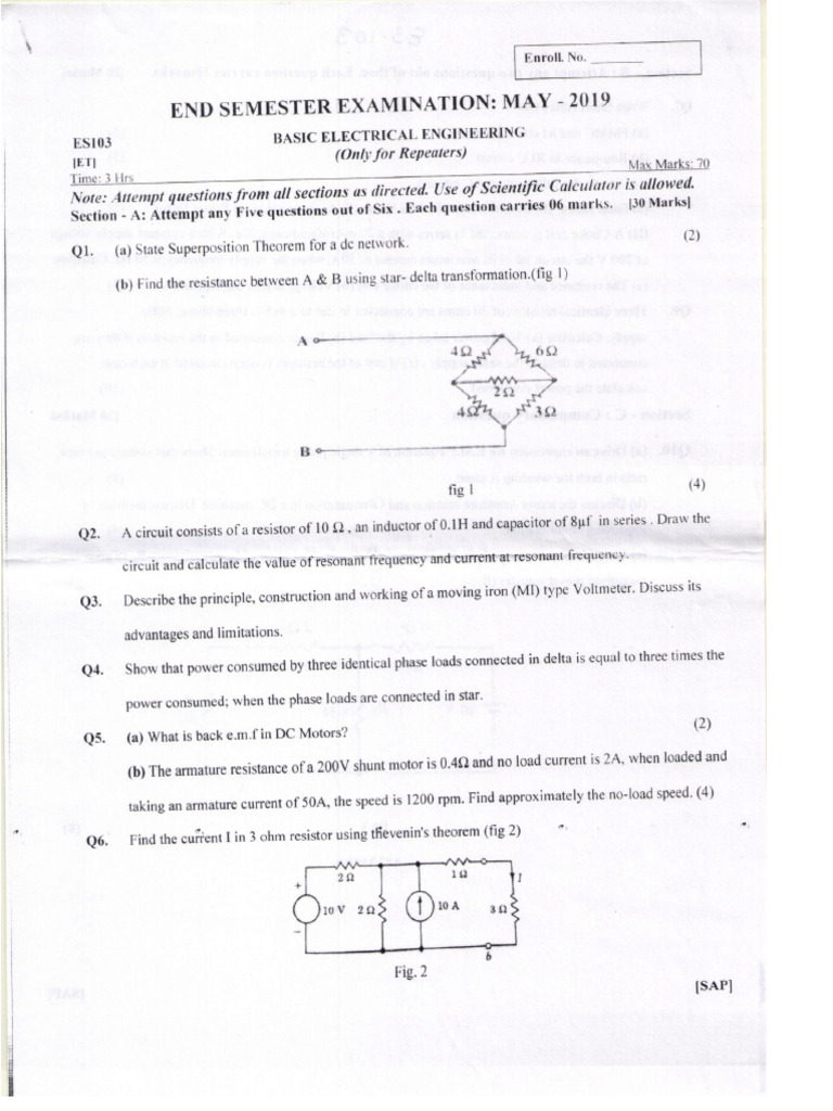 Basic Electrical Engineering, ES103 ET, May, 2019 Only For Repeaters | PDF
