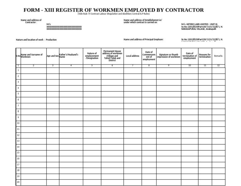 Contractor Workmen Register Form XIII | PDF | Labor | Business