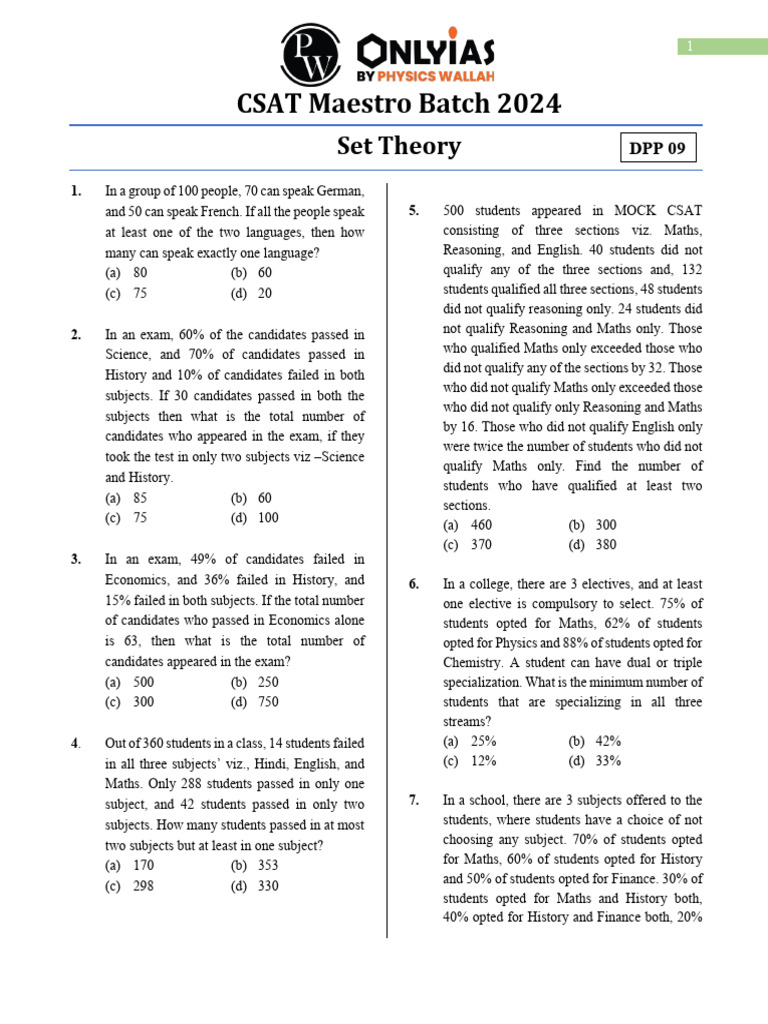 CSAT 2024 Set Theory Practice Questions | PDF