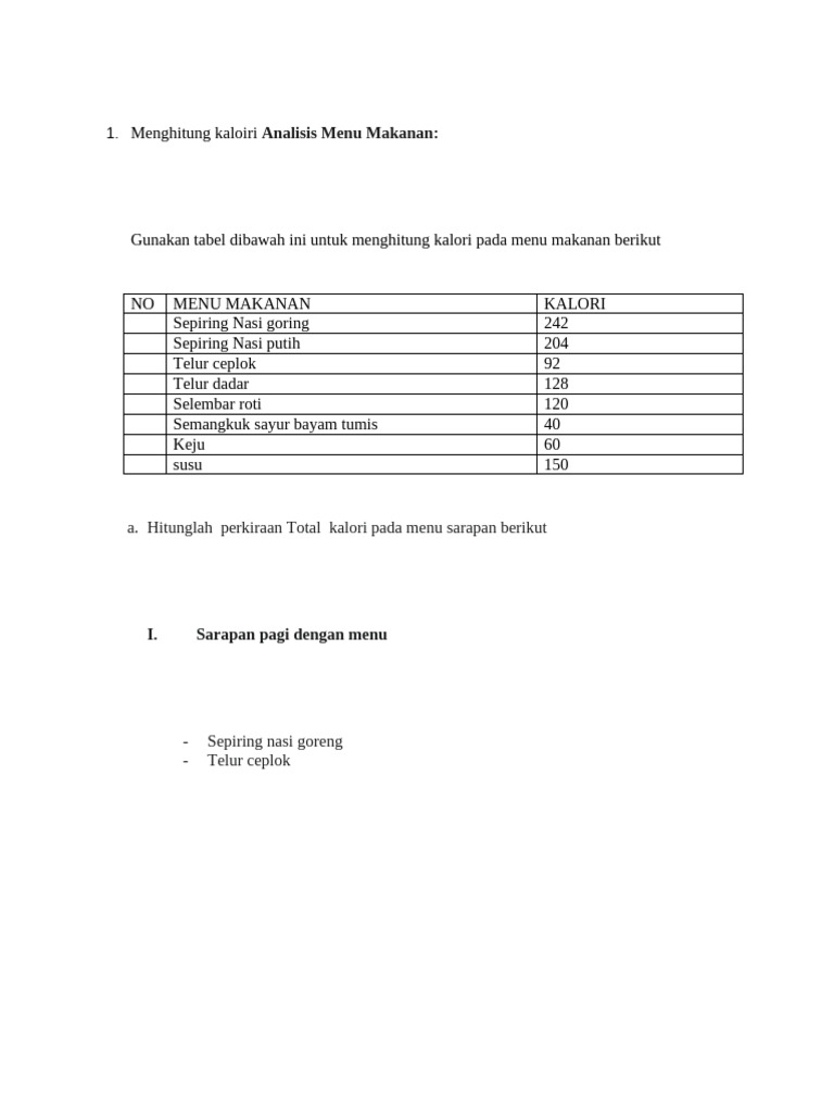 Hitung Kalori Menu Sarapan dan Camilan | PDF