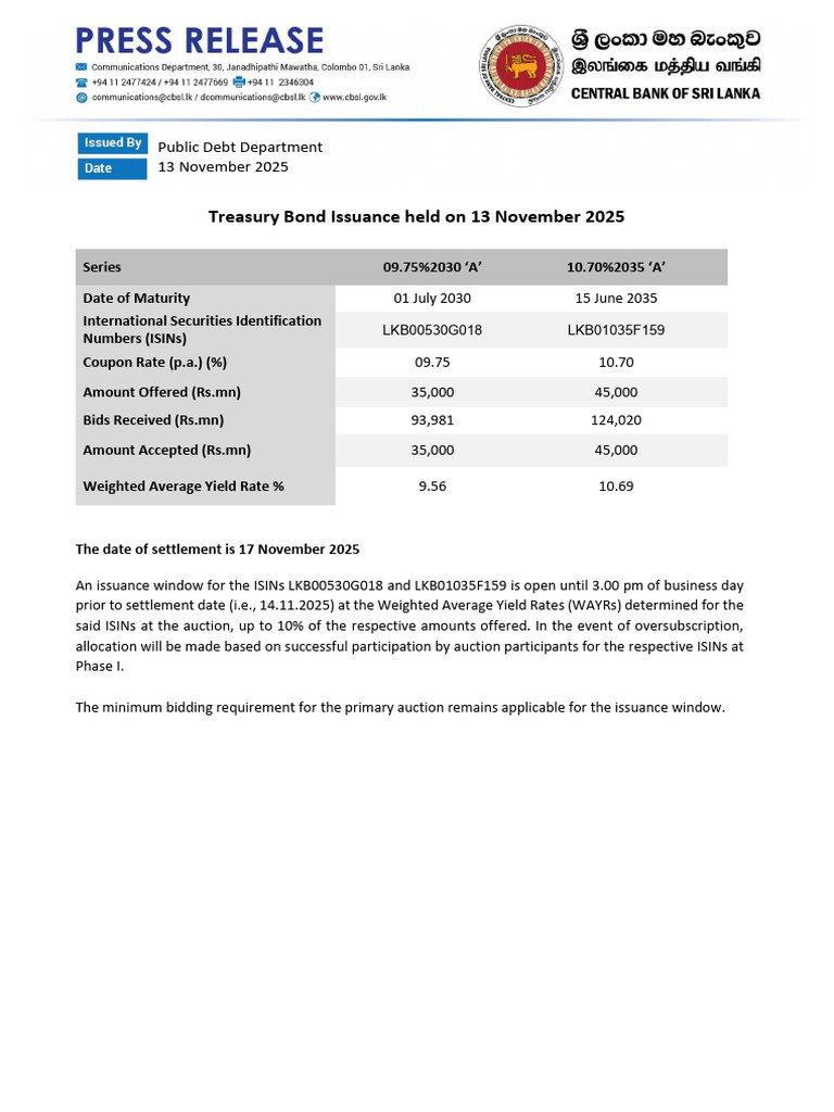 Treasury Bond Issuance Summary 2025 | PDF