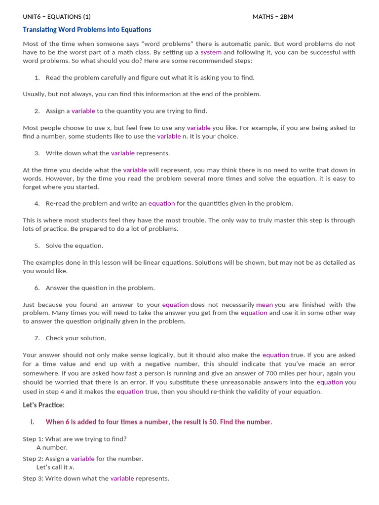 Solving Word Problems with Equations | PDF | Equations | Variable ...