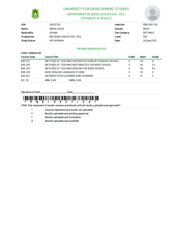 UDS Basic Education Results 2024 | PDF
