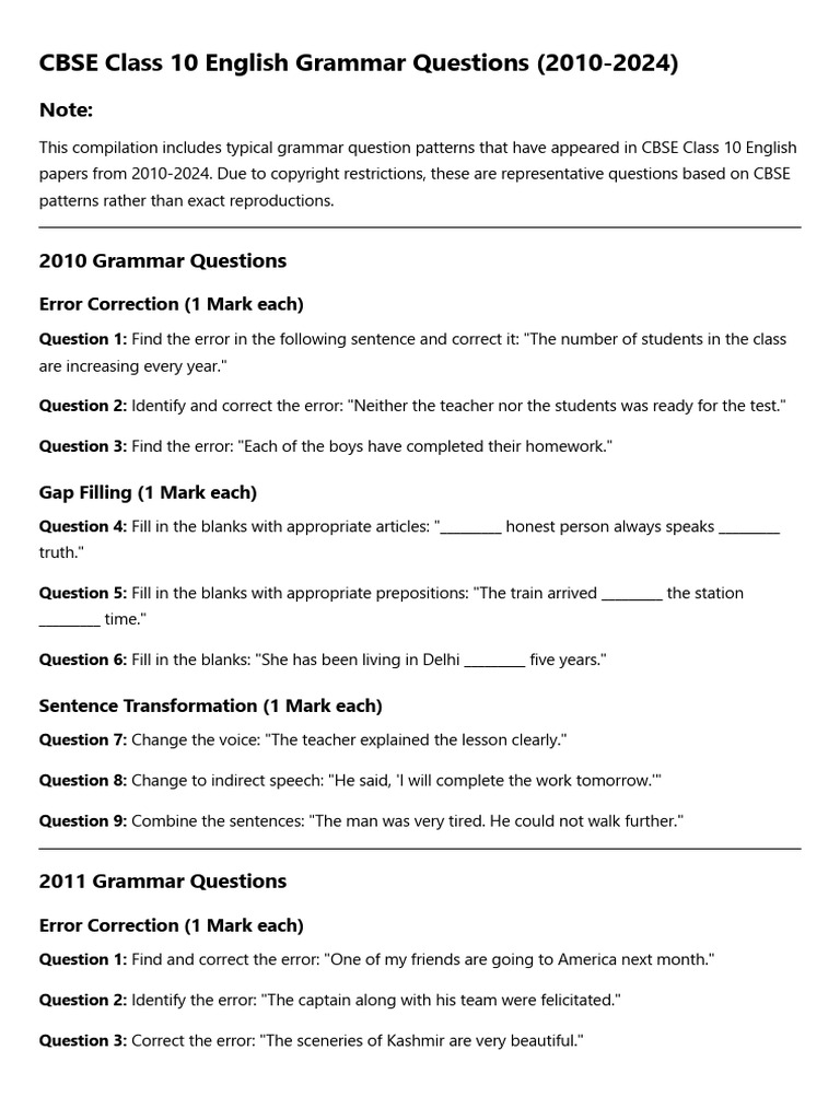 CBSE Class 10 English Grammar Questions | PDF | Verb | Question