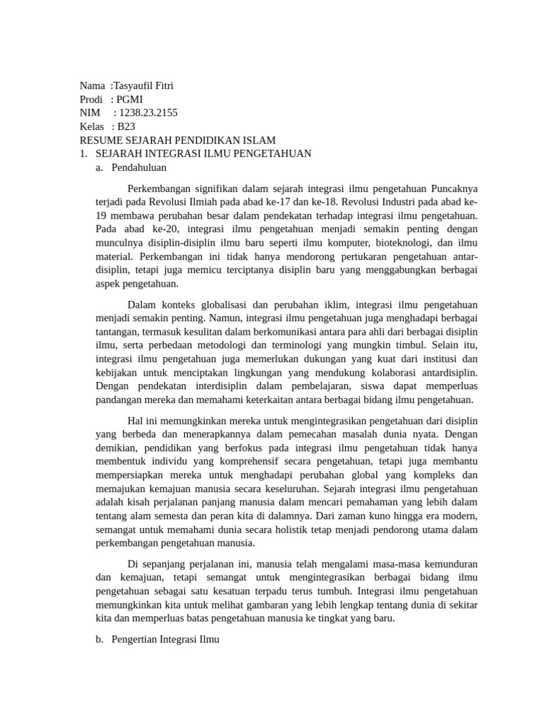 Sejarah Integrasi Ilmu dalam Pendidikan Islam | PDF