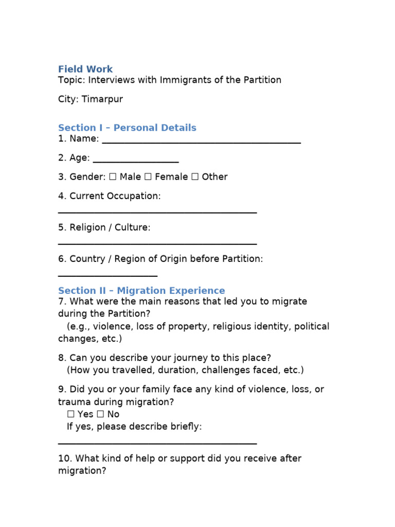 Field Work Questionnaire Partition Immigrants | PDF
