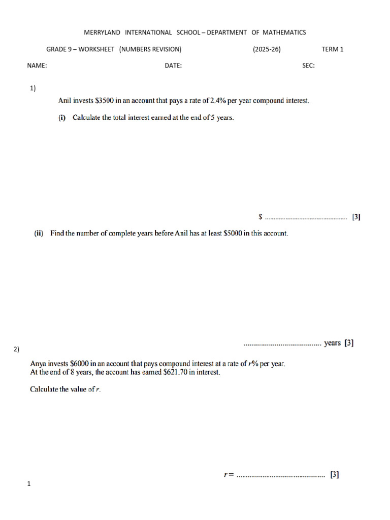 Grade 9 Math Worksheet: Numbers Revision | PDF