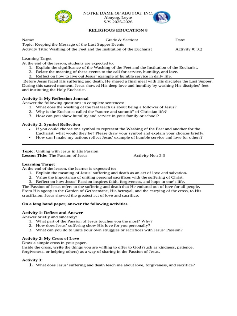 Day 1 Grade 8 Module | PDF | Last Supper | Jesus