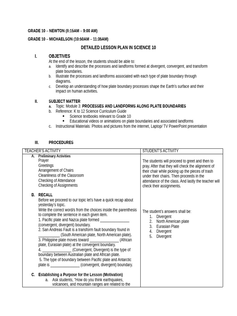 DETAILED LESSON PLAN in Process and Landforms Along Plate Boundaries ...