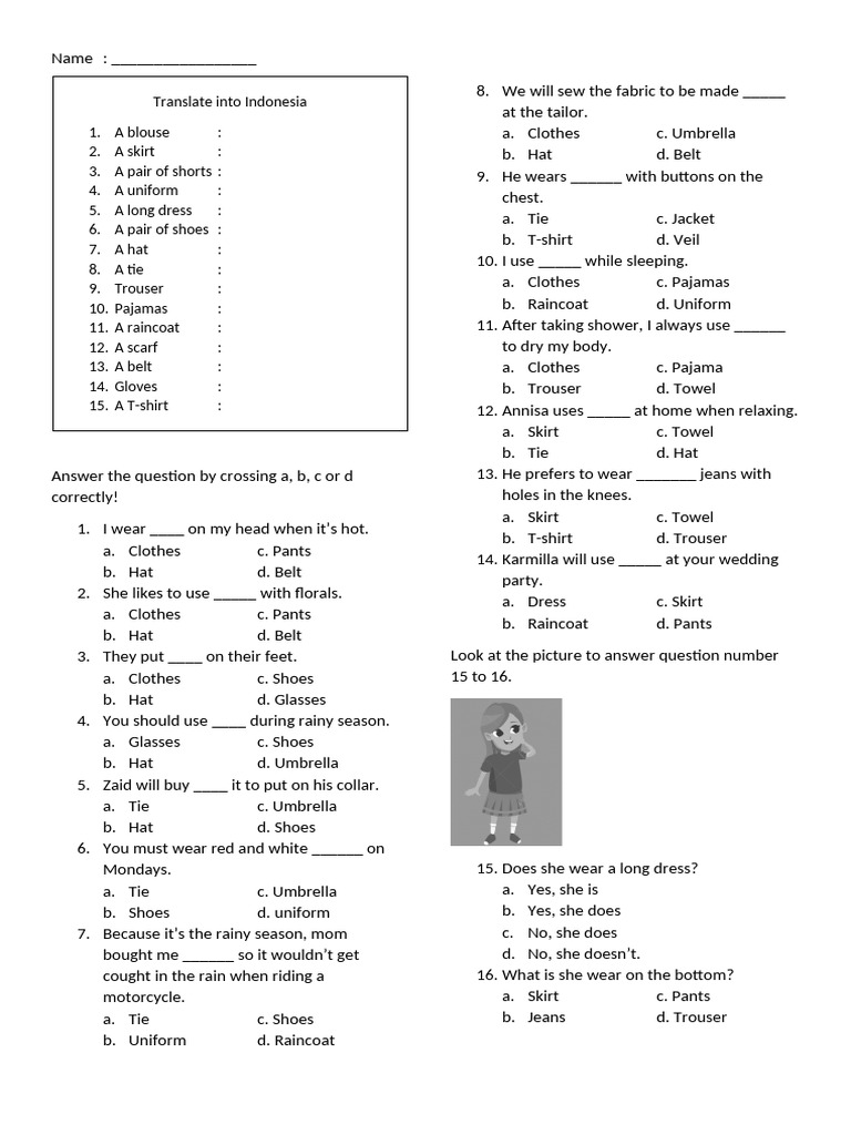 Clothing Quiz and Translation Exercise | PDF | Trousers | Clothing
