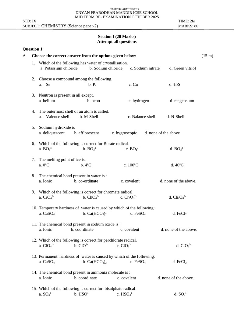 Ix Mid Term 2025 | PDF | Chemical Bond | Chemical Reactions
