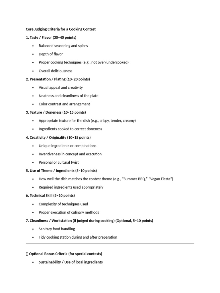 Cooking Contest Judging Criteria Guide | PDF