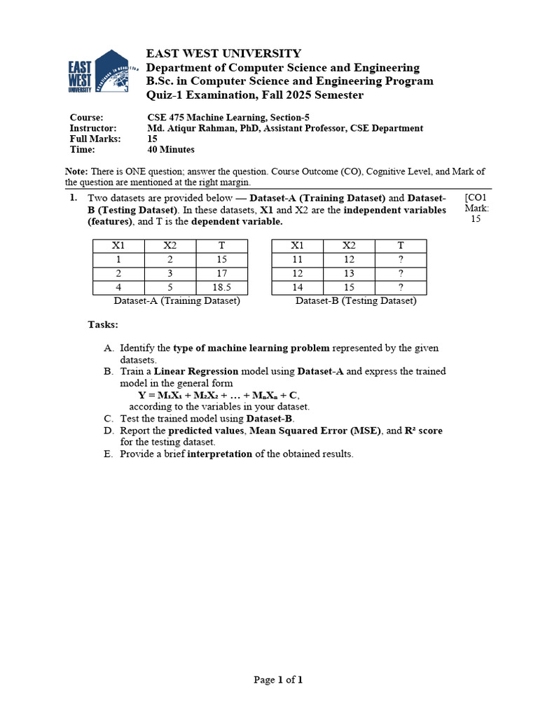 Machine Learning Quiz: Linear Regression | PDF