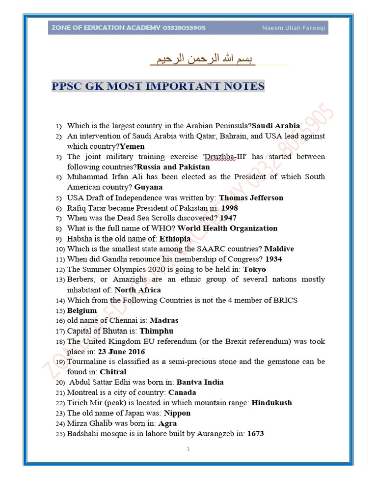 GK Important Notes Zoe. | PDF