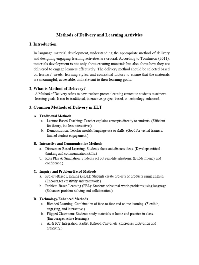 Handout Methods of Delivery and Learning Activities | PDF ...