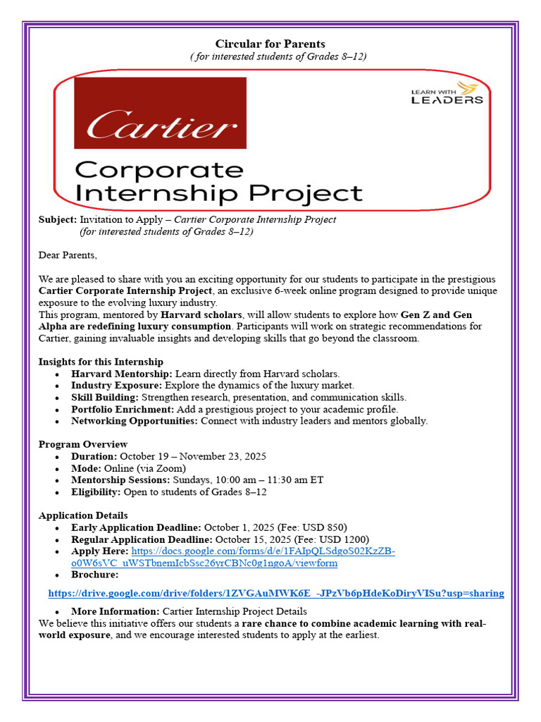 Cartier Internship for Grades 8-12 | PDF