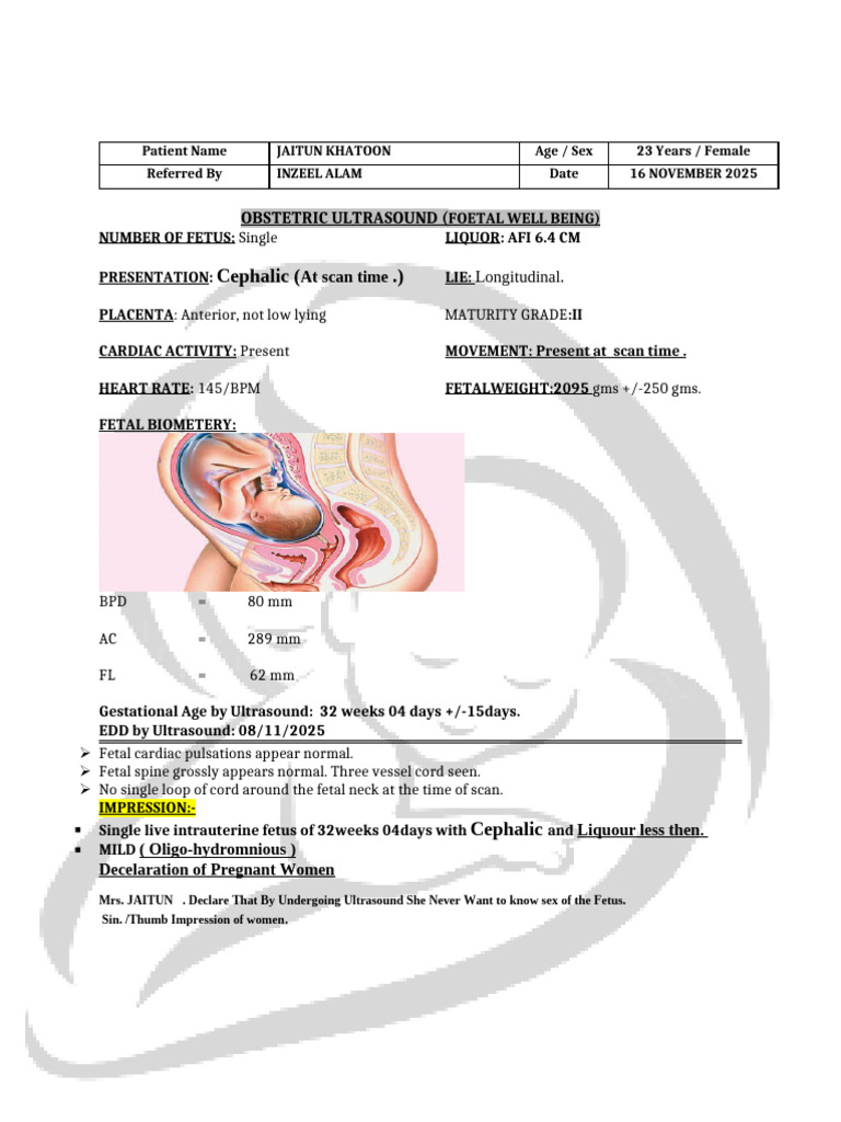 32-Week Obstetric Ultrasound Report | PDF