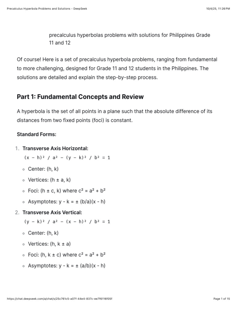 Precalculus Hyperbola Problems and Solutions | PDF | Asymptote ...
