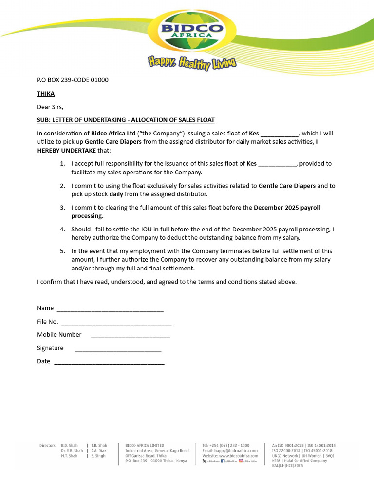 Sales Float Undertaking Agreement | PDF