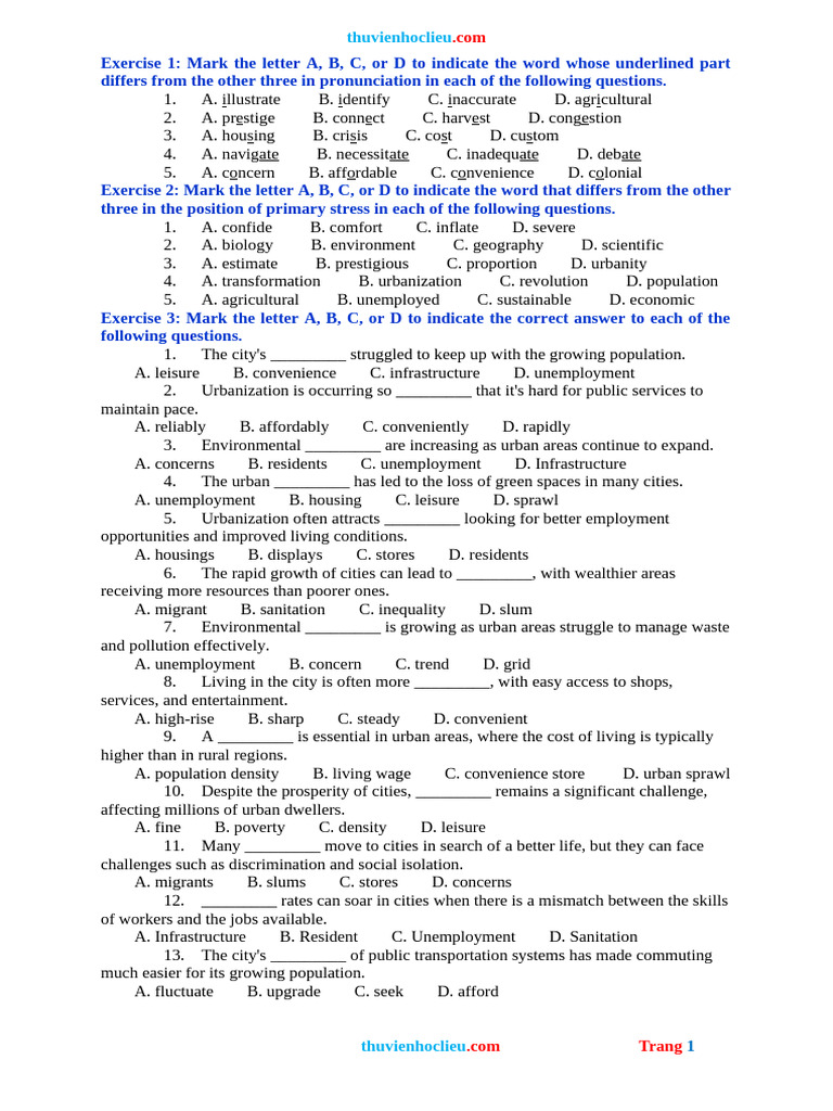 Bai Tap Chuyen Sau Anh 12 Global Unit 4 Urbanisation | PDF | Cost Of ...
