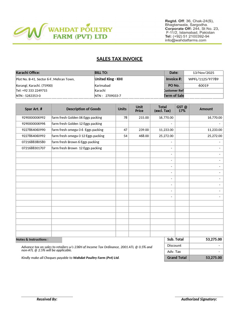 Sales Tax Invoice for Farm Fresh Eggs | PDF