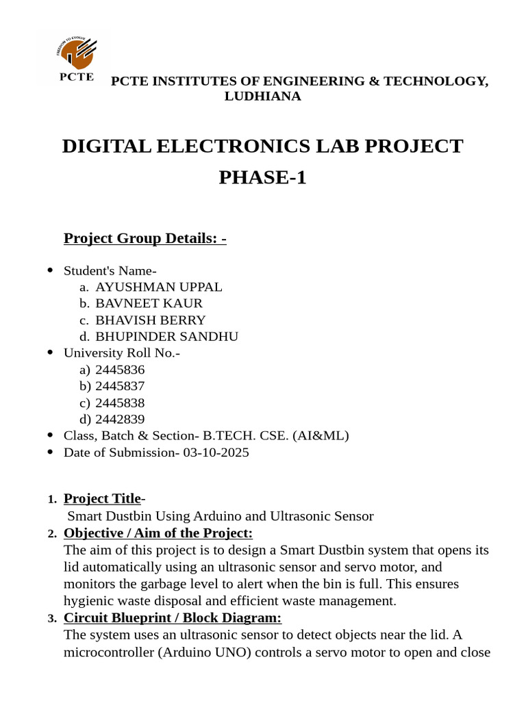 Smart Dustbin Project with Arduino | PDF