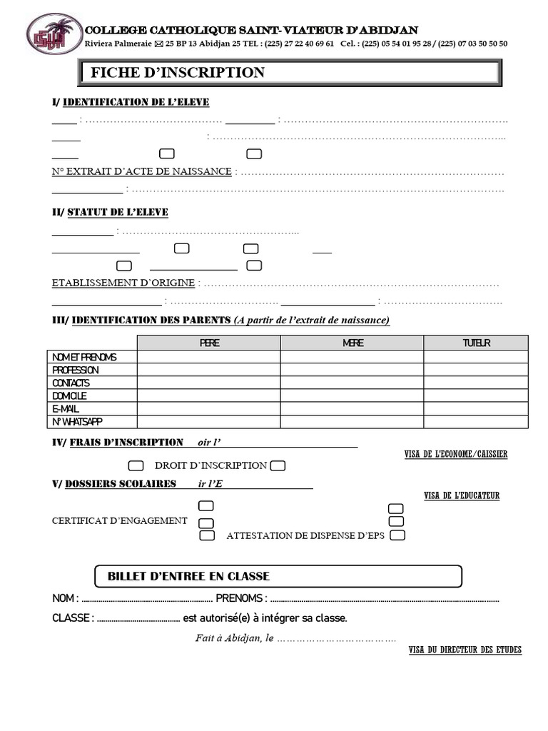 Fiche d'inscription scolaire 2025-2026 | PDF