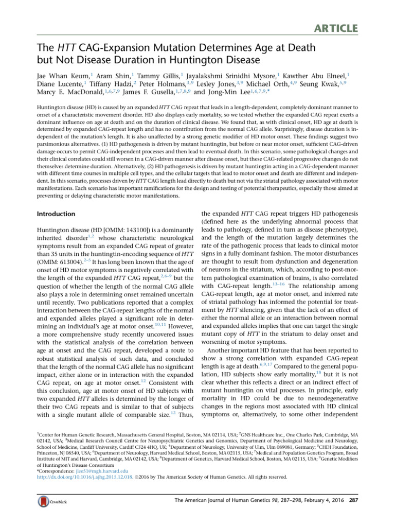 HTT CAG Mutation Affects Age at Death in HD | PDF | Quartile ...