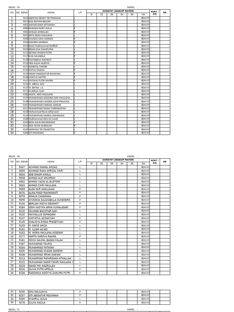 Nilai Pjok 7c Uts Genap 2024-2025 Kelas 7 | PDF