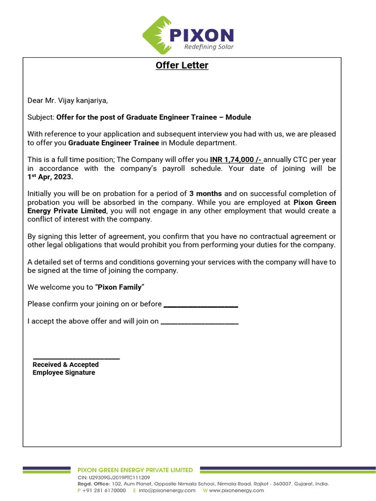 Graduate Engineer Trainee Offer Letter | PDF | Salary | Payroll