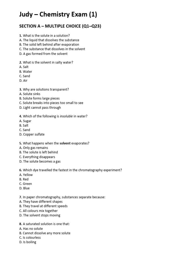 Science Year 7 Chemistry Exam | PDF | Solubility | Water
