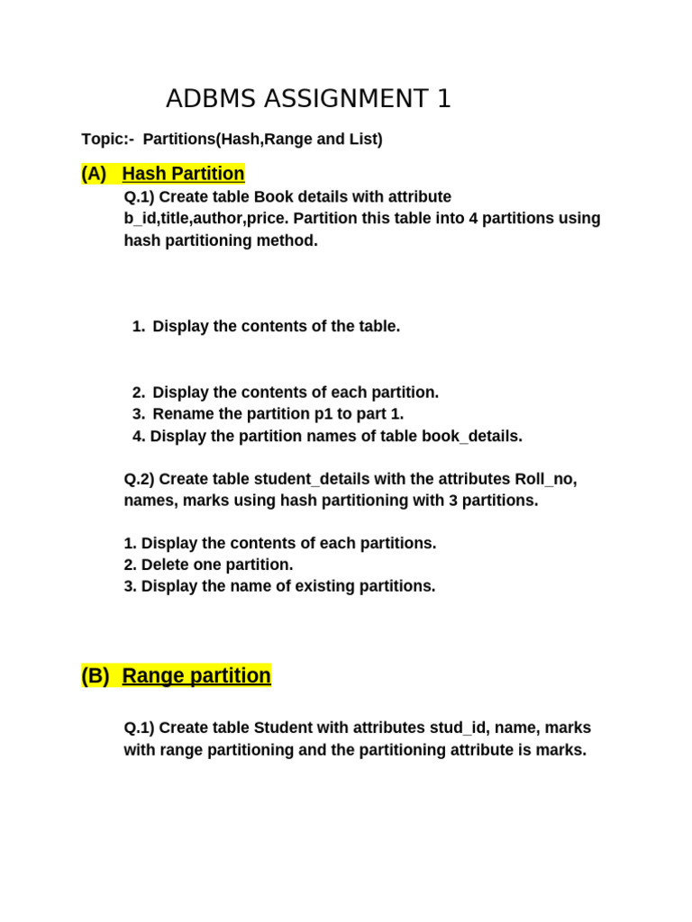 ADBMS Partitions: Hash, Range, List Guide | PDF | Chess | Chess Theory
